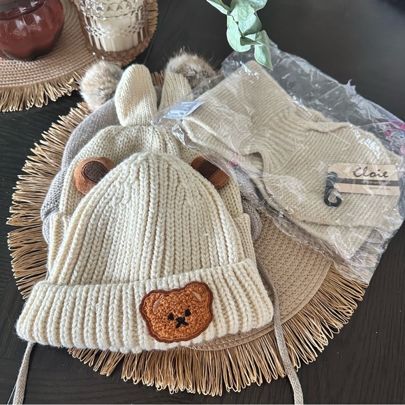 Toddler/baby set of 3 hats and scarf, beige neutral unisex colors warm cozy boho - Picture 2 of 7